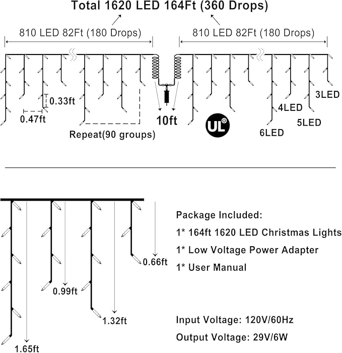 164FT 1620 LED Outdoor Christmas Lights - 360 Ice Drops, 12 Pro Modes with Timer Memory & Brightness, Waterproof Hanging Ice String Light for Holiday Wedding Garden Fence House Decor (Warm White)