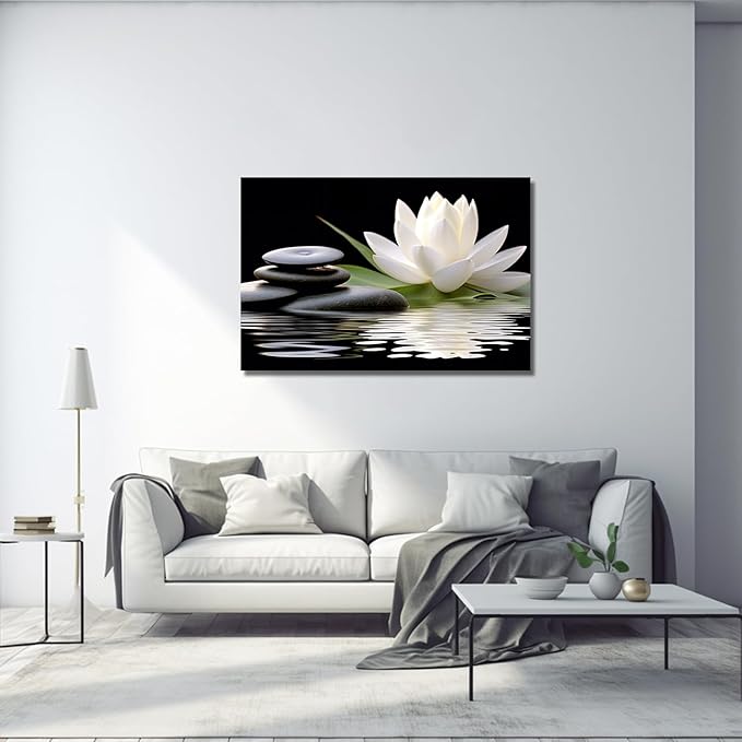 LZIMU Zen Canvas Wall Art White Lotus and Black Zen Stones Bloom in Water Picture Prints for Yoga Spa Meditation Spiritual Room Bathroom Decor (Zen-1, 24"x36")