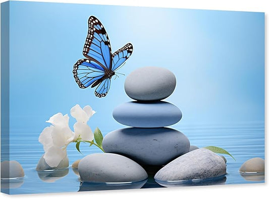 ARTZGX Zen Wall Art for Bathroom Zen Stone Picture Blue Butterfly Painting Still Life Artwork for Yoga Room Decor Frame(Zen - C 24.00" x 36.00")