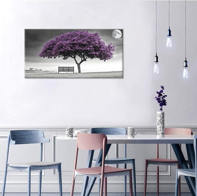 ZESTRILIA Country Purple Tree Wall Art for Living Room Office Violet Gray Moon Canvas Painting Prints Artwork Dining Bedroom Decor (40x20 Inches)