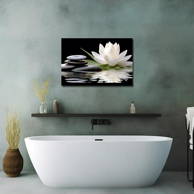 LZIMU Zen Canvas Wall Art White Lotus and Black Zen Stones Bloom in Water Picture Prints for Yoga Spa Meditation Spiritual Room Bathroom Decor (Zen-1, 24"x36")