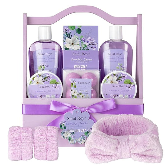 Spa Gift Basket for Christmas Gifts - 13 Pieces Lavender Jasmine Bath & Body Care Kit for Women, Holiday Gift for Mothers Day, Valentine's Day, Self Care Pampering Gifts, Birthday Gifts