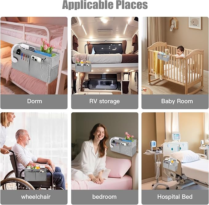 Bedside Caddy Organizer with Fixed Straps, Bunk Bed Caddy ideal for Home, Bunk Bed, Dorm, Hospital, Crib, Versatile Bedside Storage Solution (Grey)