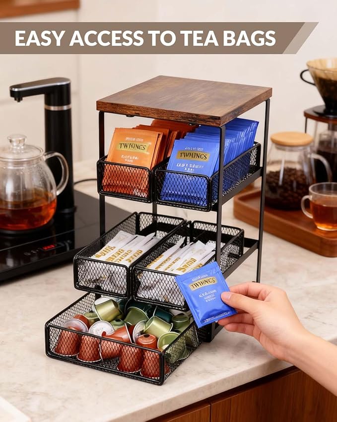 Tea Bag Organizer with 5 Drawers, Wooden & Metal Tea Storage Organizer for TeaBags, Coffee Pods, Creamers & Sugar – Countertop Tea Bag Holder for Coffee Bar and Kitchen, Space-Saving Tea Storage Rack
