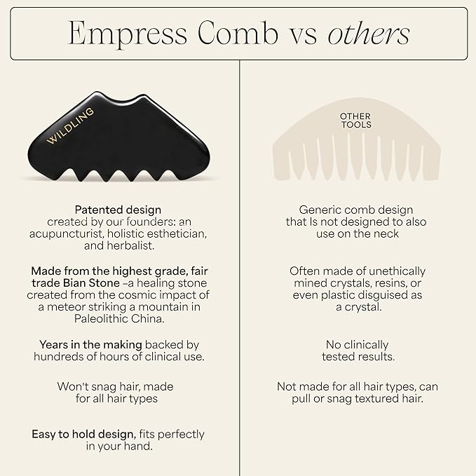 WILDLING Empress Gua Sha Stimulating Scalp Massager Comb I Scalp Scrubber for Hair Growth + Deep Scalp Cleansing I Patented Design Crafted with 100% Authentic Bian Stone