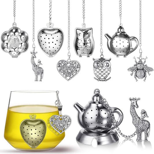 Cunhill 4 Sets Loose Tea Infusers Stainless Steel Teaballs Cute Tea Strainers Steeper Filters with Crystal Stone Pendants and Drip Tray Teacups Accessories(Funny Style)