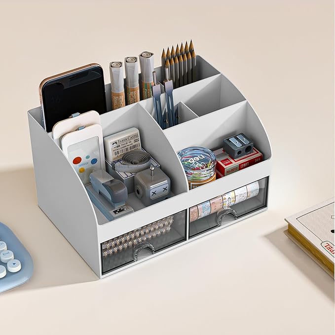 Desk Organizer with 6 Compartments and 2 Drawers, Plastic Makeup Organizer, Pen Holder for Desktop Storage, Desk Organization for School, Home, Office Supplies (Grey)