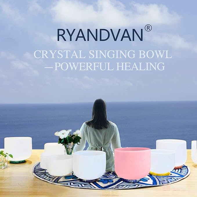 RYAN DVAN 8” F Note Pink Frosted Heart Chakra Crystal Singing Bowl with Free Heavy-Duty Carrying Case and Suede Striker O-Ring