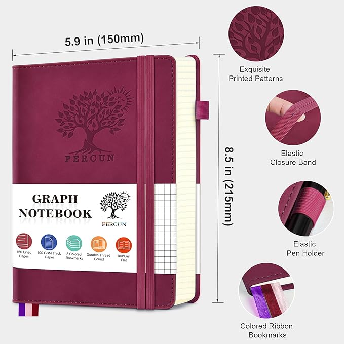 Graph Paper Notebook, 160 Pages Grid Journal for women & men, A5 Hardcover Leather Graphing Notebook for School, Work, Travel, Note Taking 5.9”x8.5” (Burgundy)