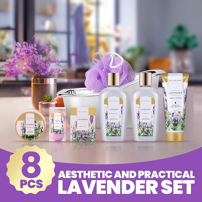 Spa Gifts for Women - Spa Luxetique Bath Baskets for Women, 8 Pcs Lavender Bath Sets with Bubble Bath, Lotion, Birthday Sets, Mothers Day Gifts for Mom