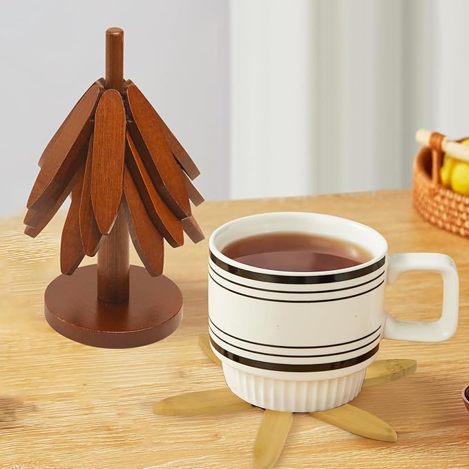 Tree Shape Bamboo Trivet Kitchen Decor Tree Shaped Holder Beech Wood Foldable Design Hot Dishes, Pot, Teapot, Plates, Bowls (Walnut-3)
