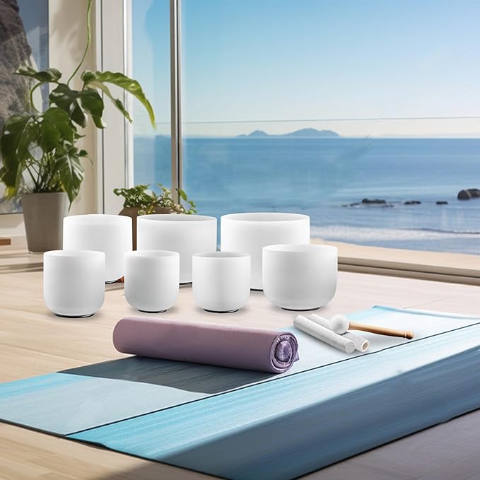Ryan Dvan 432Hz 7-12 Inch 7 Chakra Crystal Singing Bowl Set Frosted Quartz Crystal Sound Therapy Kit with Suede Mallets 2 Travel Cases O-Ring Tool for Yoga Meditation Energy Balancing Reiki Healing