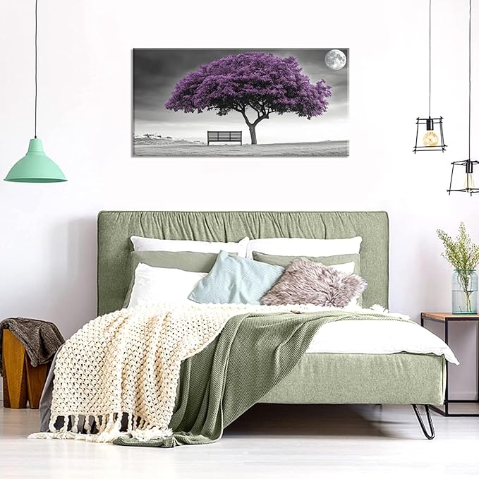 ZESTRILIA Country Purple Tree Wall Art for Living Room Office Violet Gray Moon Canvas Painting Prints Artwork Dining Bedroom Decor (40x20 Inches)