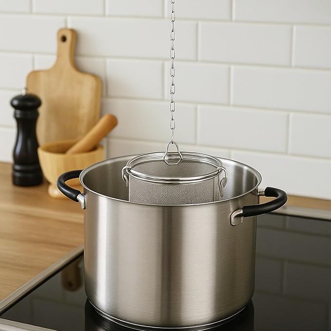 7 Inch Large Capacity Stainless Steel Seasoning Strainer and Spice Filter, Tea Mesh Infuser Strainer with Extended Chain, Reusable Herb Basket for Soup, Stew, Hot Pot, Broth