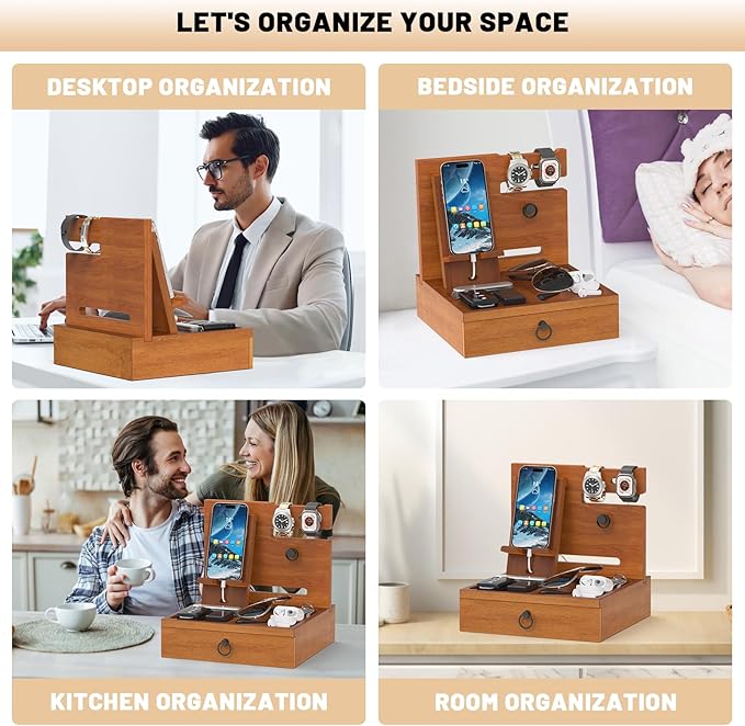 Wood Phone Docking Station, Nightstand Organizer with Drawer, Bedside Table Organizer for Watch & Accessories, Christmas Anniversary Birthday Gifts for Men,Dad,Husband