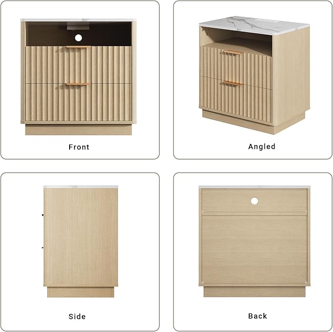 Large Fluted Nightstand Set of 2 with Charging Station, 23" Modern End Table with Faux Marble Top, 2 Drawers Side Table with Storage for Bedroom Living Room, Curved Profile (Natural Oak)