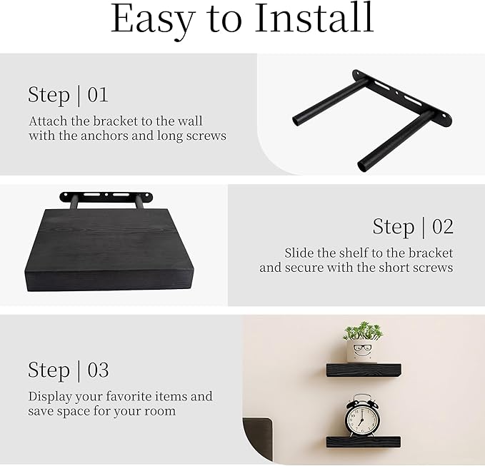 BGMG Small Wood Floating Shelves for Wall 8 inch Set of 2,Black Floating Shelves,Solid Wood Wall Shelves for Bathroom Living Room Bedroom Kitchen Farmhouse-8x 6.7 x1.25 inch