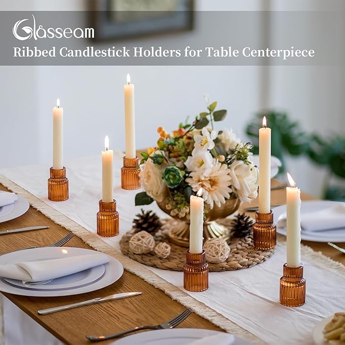 Glasseam Glass Candle Holders for Candlesticks: 10PCS Small Amber Candle Stick Holder Decor Ribbed Taper Candle Holder for Table Centerpiece Fall Candle Holders for Christmas Halloween Thanksgiving