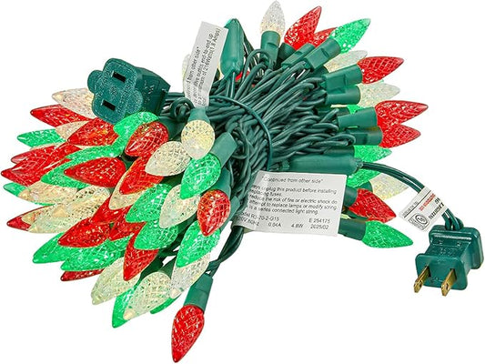 BOHON Red White and Green Christmas Lights, Faceted C6 17ft 50 LED String Lights Plug in, Extendable Green Wire Mini String Lights for Outdoor Indoor Xmas Tree Decoration Waterproof