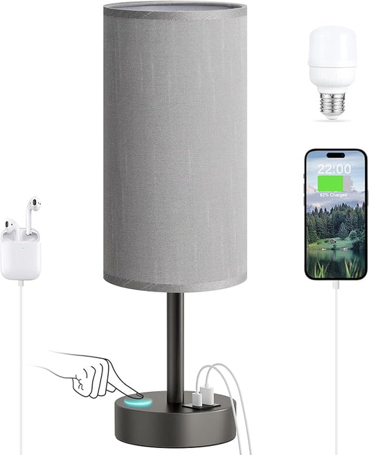 Small Touch Bedside Lamp with USB - 3 Way Dimmable Grey Table Lamp for Bedroom, Nightstand Lamp with Charging Station for Desk Dorm, Office