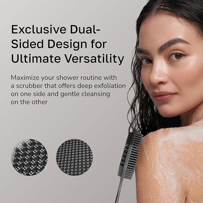 Silicone Back Scrubber with Long Handle - Octagon Body Brush for Shower, Bath, and Exfoliating - Skin Cleansing, Back Scrub and Gentle Silicone Sponge - Wash Your Body with Easy Reach - Silver