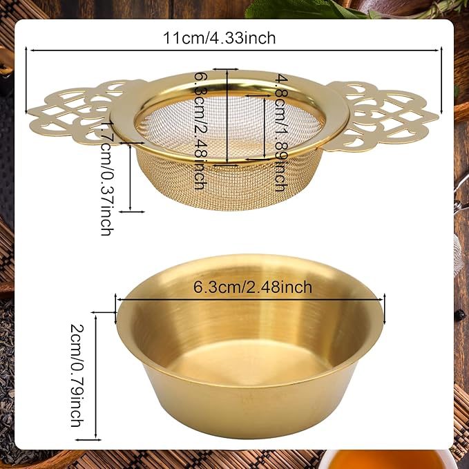 2 Pack Tea Strainers with Drip Bowls Stainless Steel Mesh Tea Infusers Loose Leaf Tea Filter with Handles Tea Steeper for Tea Juice Coffee Drinks, Gold