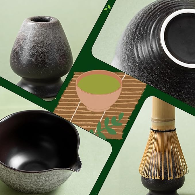 Matcha Whisk Set,7 Pcs Matcha Kit Tea Tools Includes Matcha Bowl with Spout, Sifter, Bamboo Scoop,Tea Towel,Whisk and Holder, Ideal Gift for Matcha Lovers (Black&White)