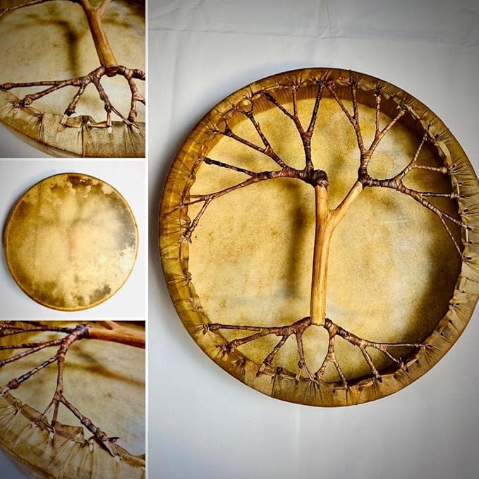 Handmade Shaman drum Frame Drum round 16" 18" 20" with goat skin Tree style on the back and handle Embrace Nature's Rhythms Authentic Native American Style Soul-Stirring Beats (20 inch)