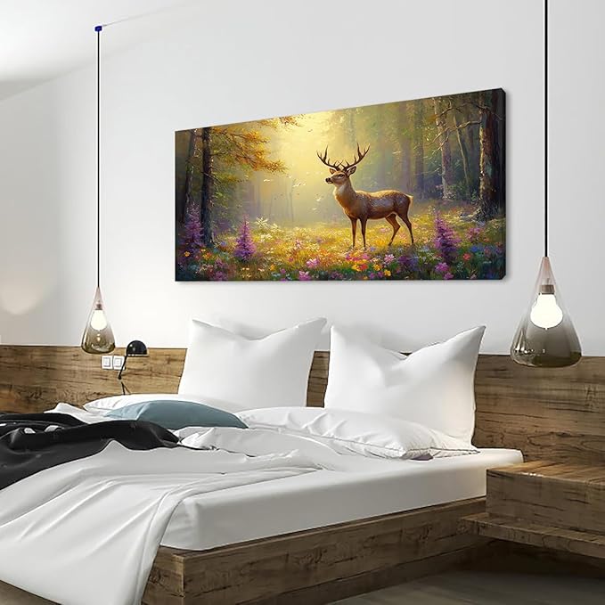 ZESTRILIA Pretty Deer Forest Wall Art for Living Room Office Gold Mustard Yellow Wildlife Wildflower Canvas Painting Prints Spring Wild Life Artwork Girls Bedroom Decor Large (46x23 Inches)