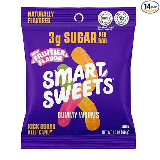 SmartSweets Gummy Worms Low Sugar Gummy Candy: 1.8oz (Pack of 14), No Artificial Sweeteners, Plant-Based, Gluten-Free, Healthy Snack for Kids & Adults