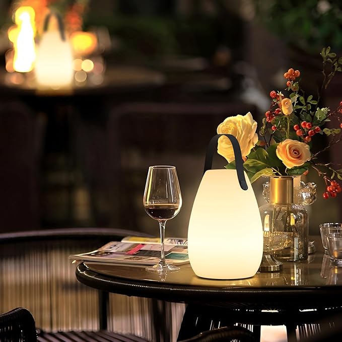 uuffoo 2 Pack Portable Outdoor Table Lamp - Dimmable Rechargeable Night Lights w/ Remote and 7 RGB Colors, IP44 Water-Resistant Hanging Lantern for Patio, Tent, Bedroom, Garden, Emergency