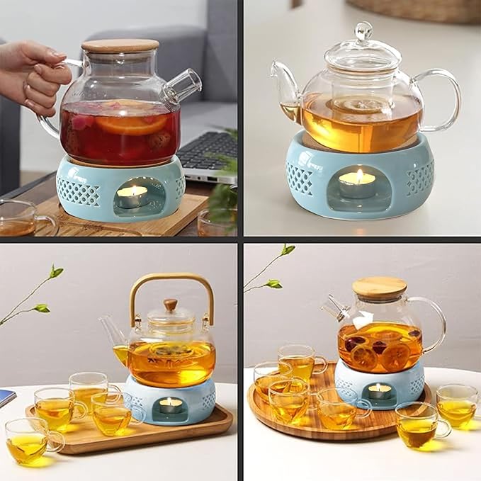 Teapot Warmer, Ceramic Teapot Heater with Cork Cushion Coffee Tea Warmer for Glass, Stainless Steel, Ceramic Teapot and Other Heatproof Dish Warming Use, Blue
