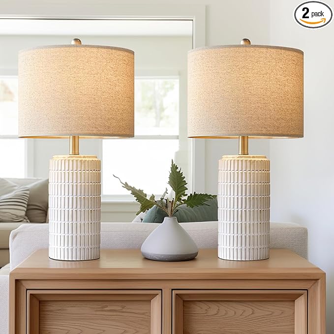 PoKat 23" Modern Ceramic Table Lamp Set of 2 for Living Room White Desk Lamps for Bedroom Farmhouse Bedside Nightstand Bedside Lamp End Table Lamps Beige