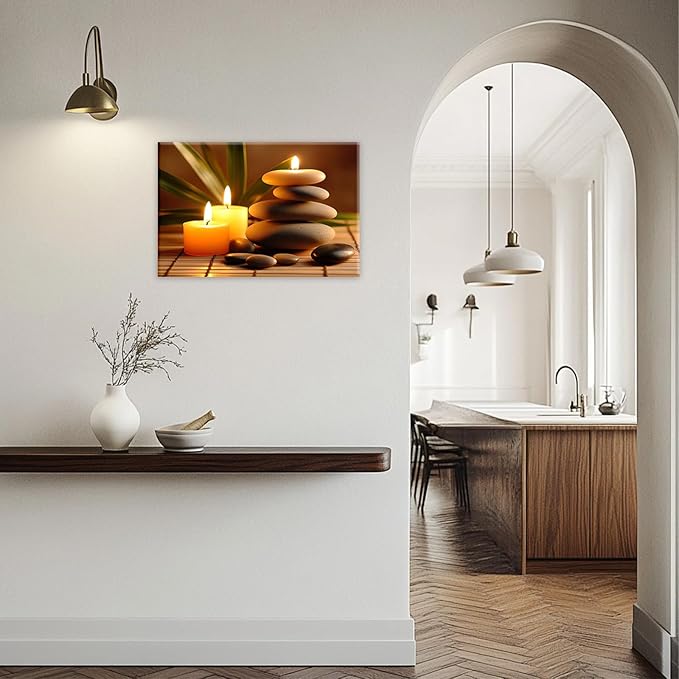 Zen Canvas Wall Art Candles Stones Pictures Print Spa Serene Still Life Painting Meditation Framed Artwork for Spa Yoga Room Bathroom Decor(Artwork-1,16"x24")