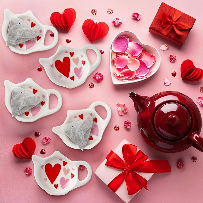 Set of 6 Valentines Love Hearts Tea Bag Holders Porcelain Ceramic Teapot Shaped Coasters Tea Bag Plate Spoon Rests Pad Saucer Seasoning Dish Set for Party Decoration Gifts, 3.7x2.75''