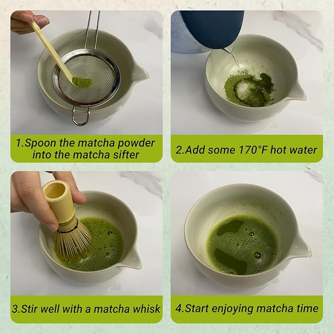 Matcha Whisk Set – 5 Pcs Matcha Set Whisk and Bowl with Spout, Bamboo Scoop, Sifter & Holder – Ru Kiln Matcha Bowl Japanese Tea Kit for Gifts, Home Use & Ceremonial Rituals (White)