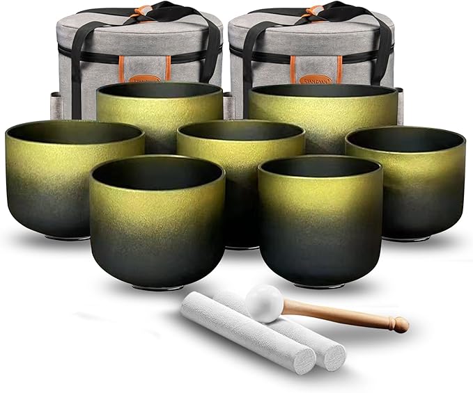 Ryan Dvan Crystal Singing Bowl Set 7-12 Inch, Black with Gold Frosted Quartz Sound Therapy Bowls with Mallets, O-Rings & 2 Carrying Cases — Chakra Healing, Reiki, Yoga, Meditation, Energy Balancing