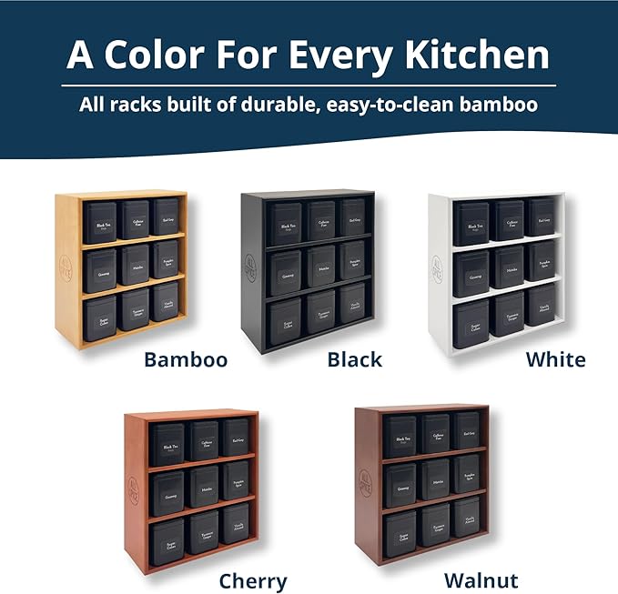 AllSpice Tea Organizer Rack with 9 Tins & 160 Magnetic Labels – Perfect for Bagged & Loose Leaf Tea Organization - Black