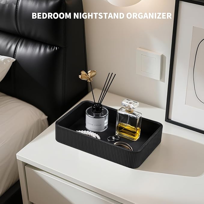 PU Leather Valet Tray Organizer, Modern Nightstand Organizer Bedside Desktop Storage for Womens and Men, Decorative Perfume Trinket Catchall Vanity Tray for Key Watch Wallet (Black)