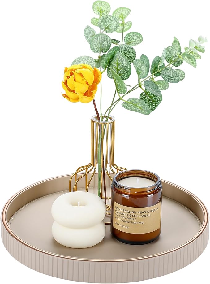 GORESE Round Decorative Tray for Coffee Table Decor, 12" PU Leather Serving tray Table Centerpiece Home Decor, Desk Valet Tray for Trinket Jewelry Perfume Key, Ottoman Tray Nightstand Organizer, Biege