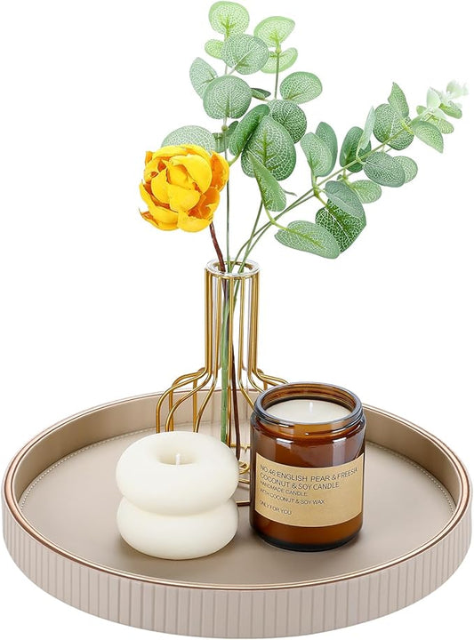 GORESE Round Decorative Tray for Coffee Table Decor, 12" PU Leather Serving tray Table Centerpiece Home Decor, Desk Valet Tray for Trinket Jewelry Perfume Key, Ottoman Tray Nightstand Organizer, Biege
