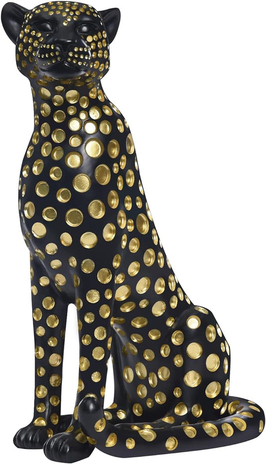 Quoowiit Leopard Sculptures for Home Decor, Modern Sculptures Decorations for Living Room, Bedroom, Table, Bookshelf, Black Resin Leopard Art Decorative Sculpture with Gold Polka Dots Design-Black