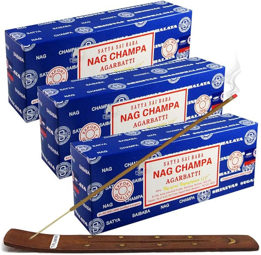 Satya Sai Baba Nag Champa 250g Incense Sticks and Holder Bundle - Pack of 3 (Approx 750 Sticks)
