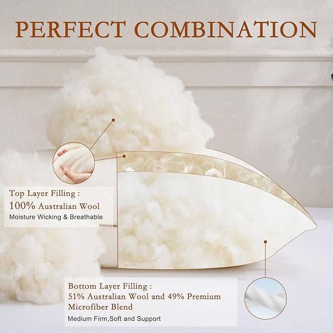 YOUR MOON Organic Wool Pillow King Size, Soft Breathable Support Bed Pillows for Sleeping, Luxury Down Alternative Pillow for Side & Back Sleepers, 100% Cotton Cover, Natural Wool Filling (Off White)