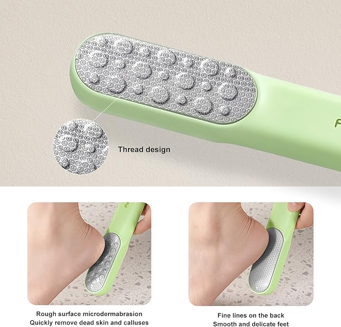 Double-Sided Stainless Steel Foot File, Foot Callus Remover & Foot Scrubber, Professional Pedicure Tool for Dry & Wet Feet, Safe Hard Skin Remover for Sensitive Feet, Green (Ergonomic Grip)
