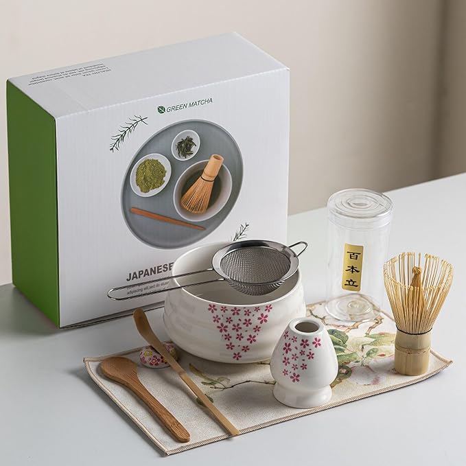 Ceramic Matcha Whisk Set, Complete Matcha Set-8PCS for Ceremonial Grade Matcha, Tea Gifts for Tea Lovers for Christmas, Birthday, Halloween (Petal)