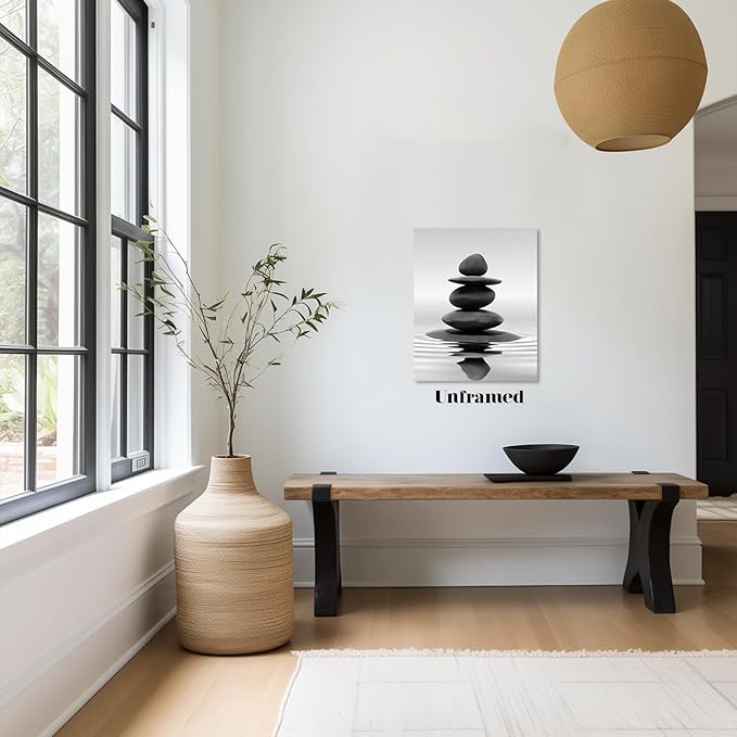 DCMVJHZV Black and White Bathroom Unframed Poster Zen Bathroom Wall Decor Stones in the Water Wall Art Yoga Meditation Picture Print Spa Room Bedroom Living Room Painting(12"x16")