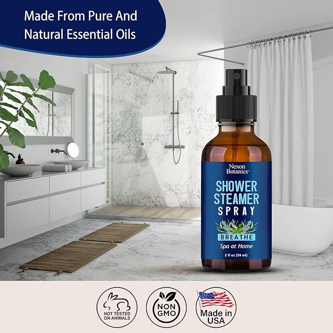 Breathe Shower Steamer Spray 2 fl oz - Aromatherapy Mist with Rosemary, Peppermint, Eucalyptus Essential Oil Blend - Refreshing Spa at Home Steam Spray - Nexon Botanics