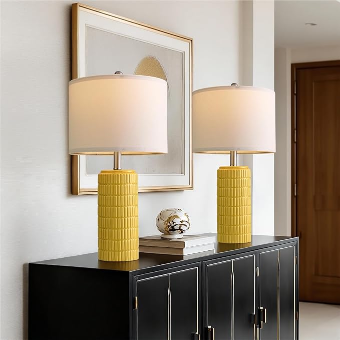 PoKat 23" Yellow Table Lamps Set of 2, Modern Living Room End Table Lamps Decor, Ceramic Lamps for Living Room, Contemporary Nightstand Lamps for Side Console Table Hallway Gift