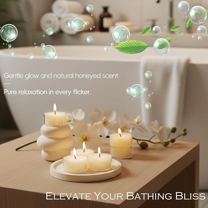 48 Pcs Natural Beeswax Tealight Candles White, Pure Beeswax Tea Candles in Clear Cup, Organic Ivory Small Tea Light Candles with 4 Hours Clean Burn Time, Soy, Paraffin, & Fragrance Free